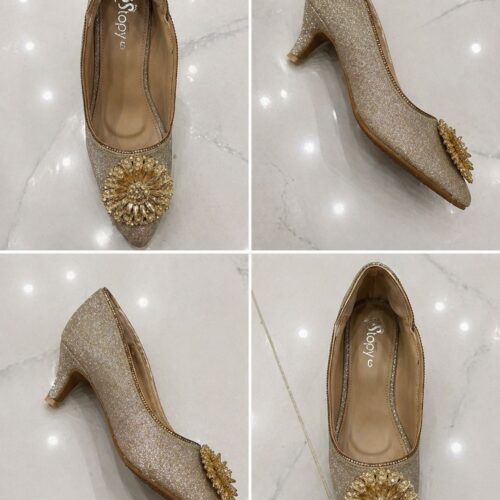 women golden glitter heels – elegant party wear pumps