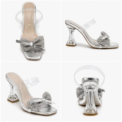 women crystal bow transparent heel mule